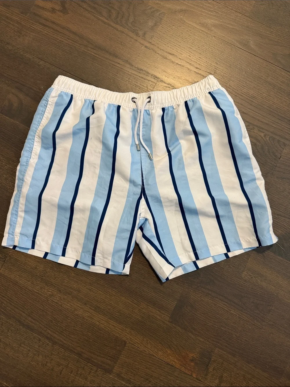 Franks Men's Light Blue and White Vertical Stripe Swim Trunks